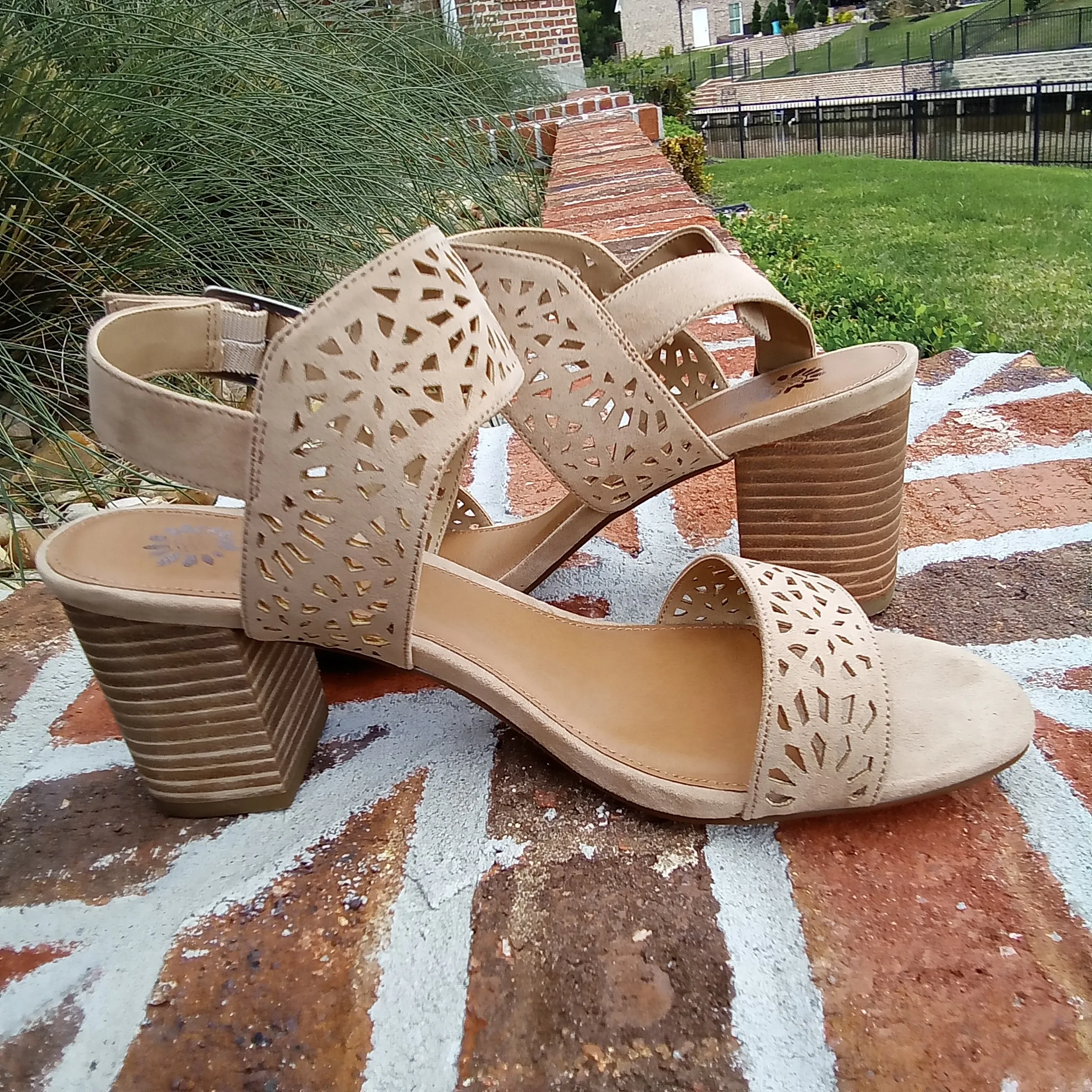 Laser Cut Stacked Block Heel Sandals | Carilena | Yellow Box