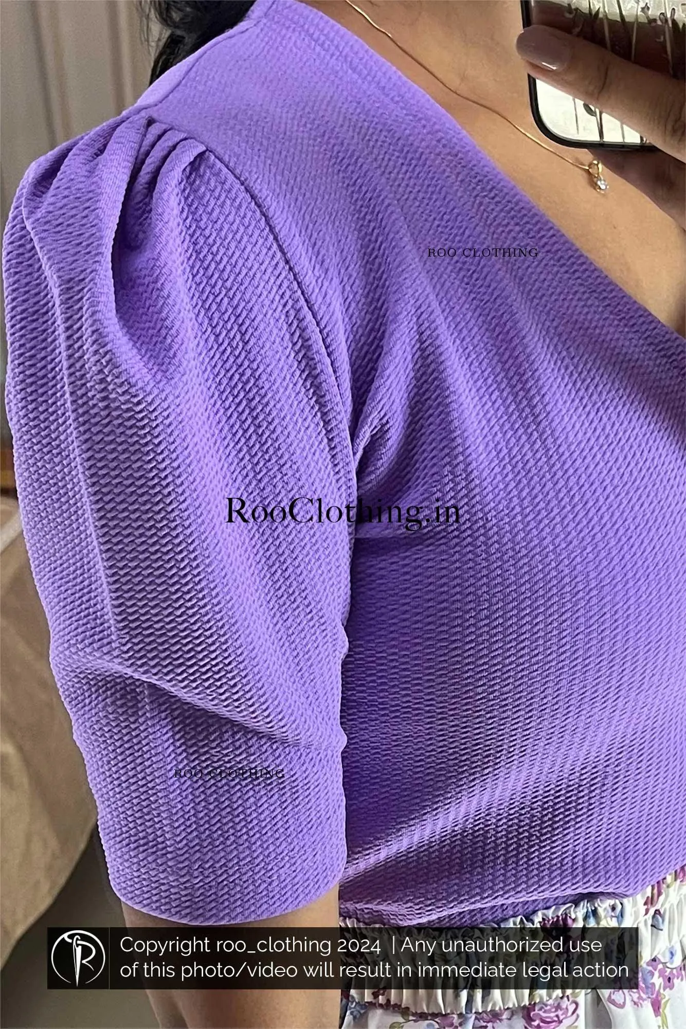 Lavender Shade V Neck Top With Puff Sleeves (Top Only)