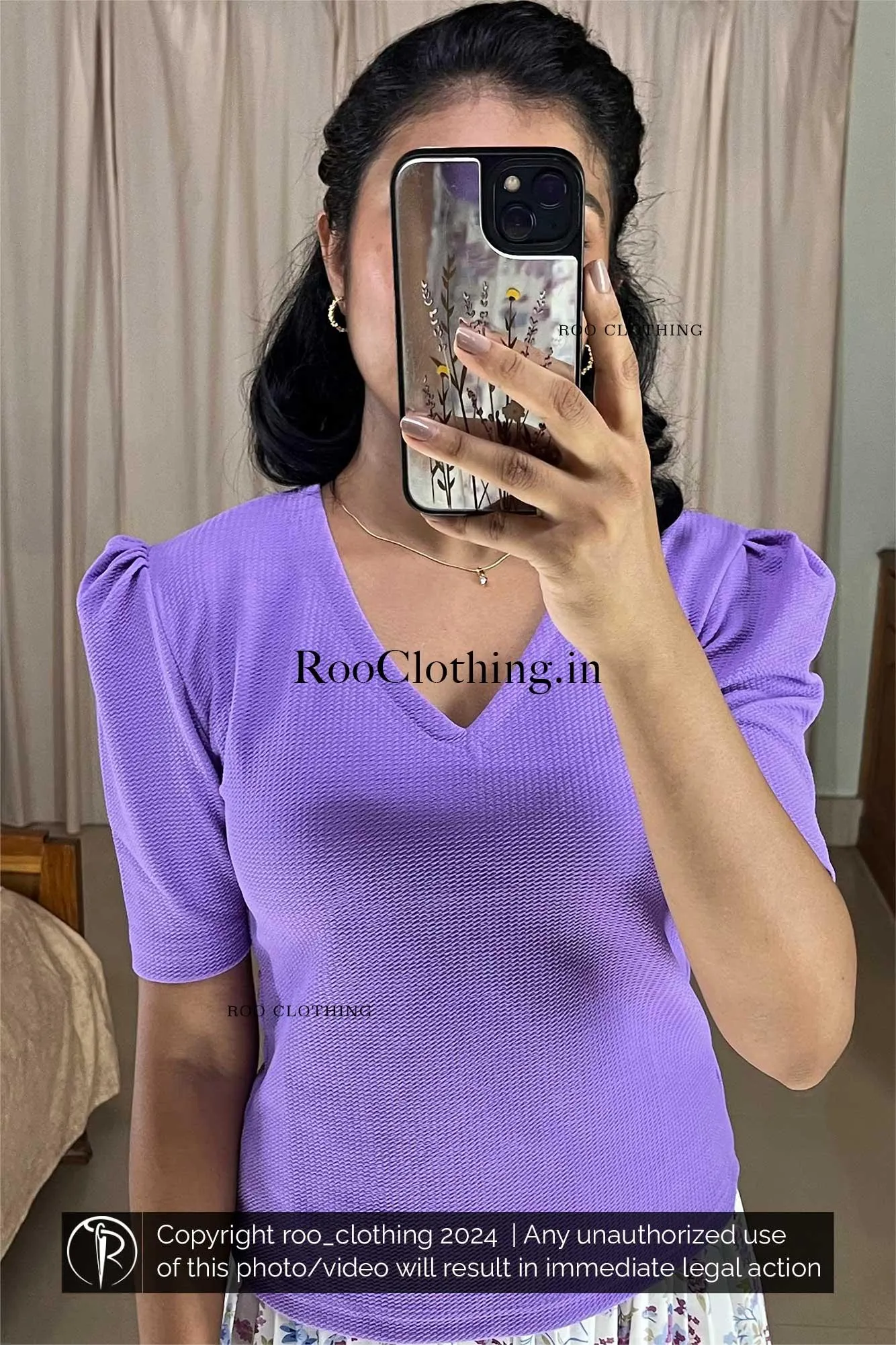 Lavender Shade V Neck Top With Puff Sleeves (Top Only)