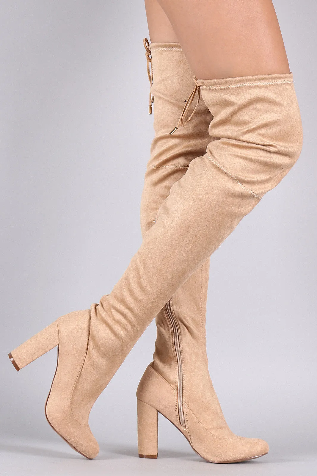 Liliana Suede Drawstring Tie Chunky Heeled Over-The-Knee Boots