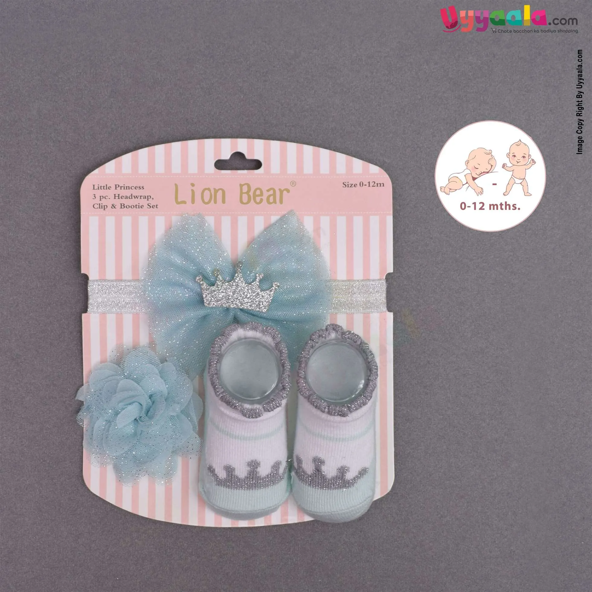 LION BEAR Glittery headwrap, flower bow clip & booties set (3 pcs) for babies - green with ash glittery crown patch, 0 - 12 m