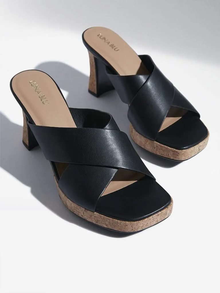 LUNA BLU Black Criss-Cross Design Block Sandals