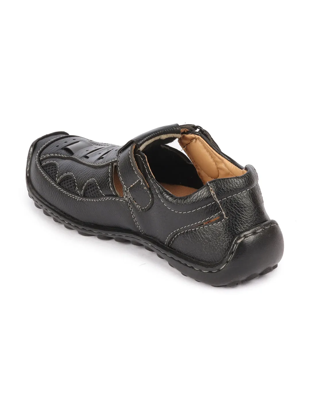 Men Black Genuine Leather Breathable Comfort PU Pad Insole Hook and Loop Roman Sandals