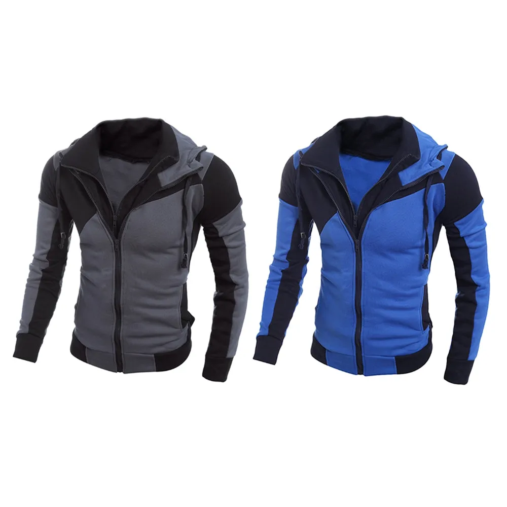 Men's Color Block Hooded Collar Long Sleeve Double Zippers Sports Sweatshirt