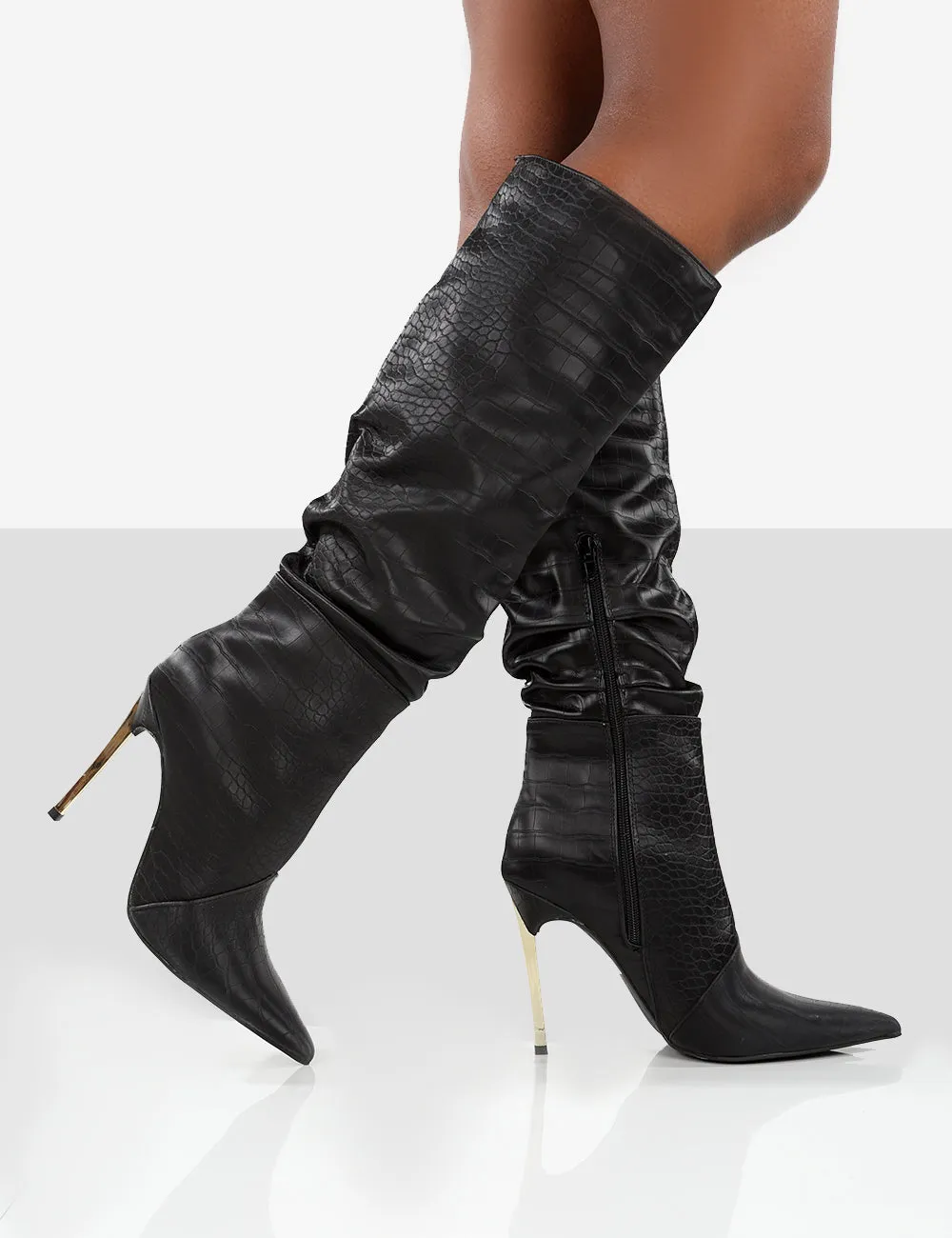 Monica Black Croc Ecru PU Pointed Toe Stiletto Knee High Boots