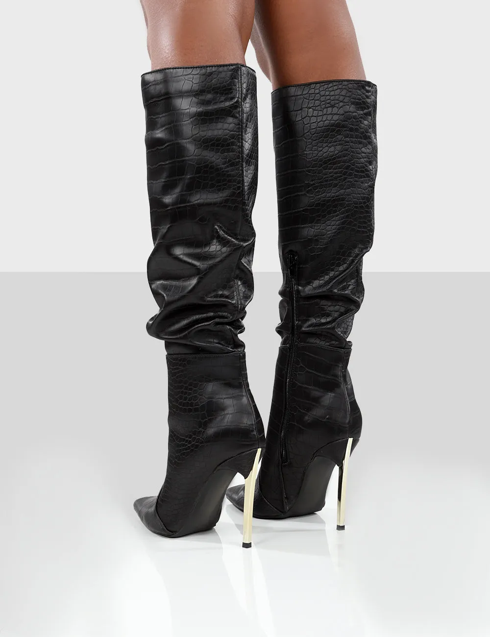 Monica Black Croc Ecru PU Pointed Toe Stiletto Knee High Boots