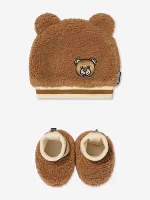 Moschino Baby Teddy Bear Hat And Booties Set in Brown