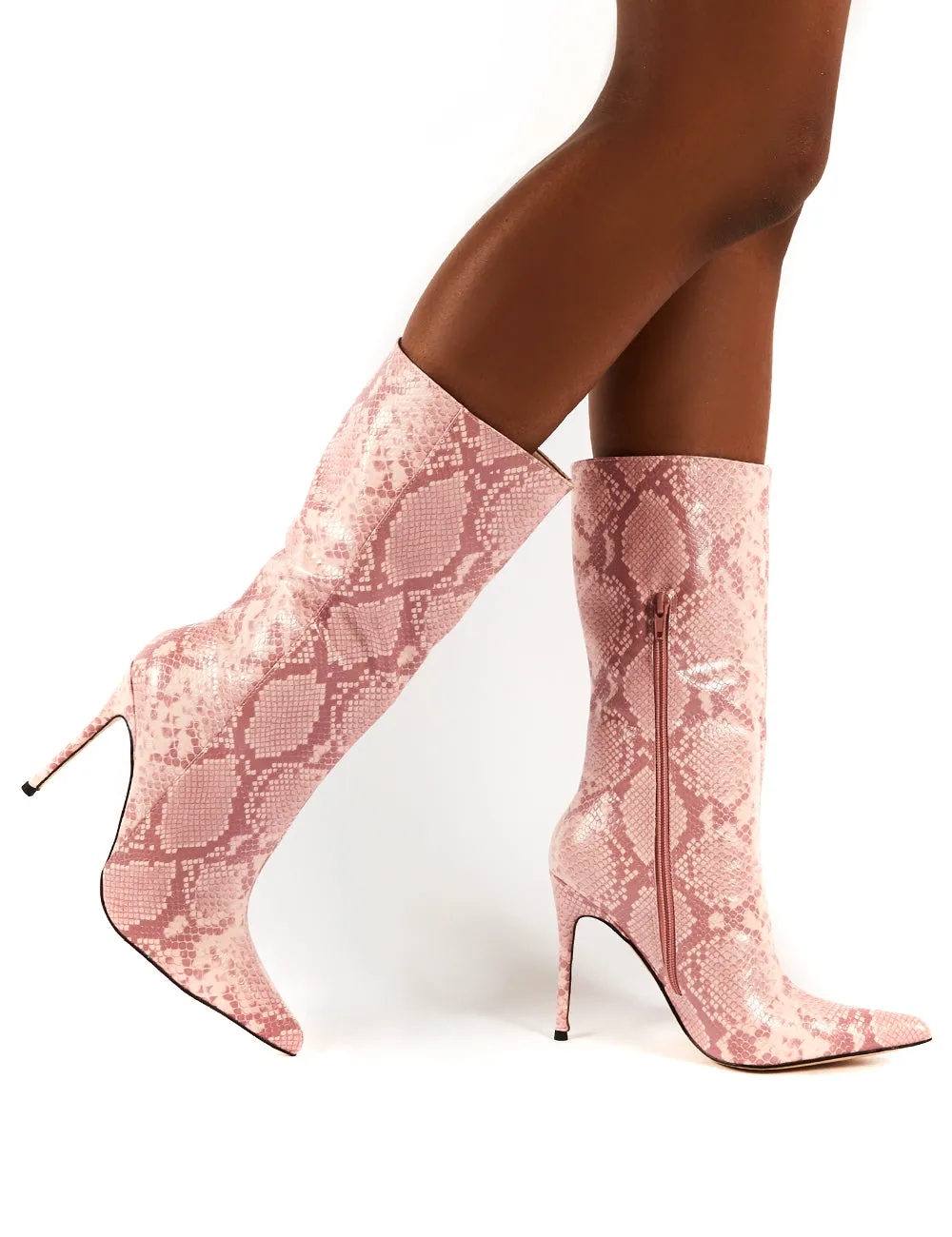 Mystic Pink Snake Knee High Stiletto Heel Boots