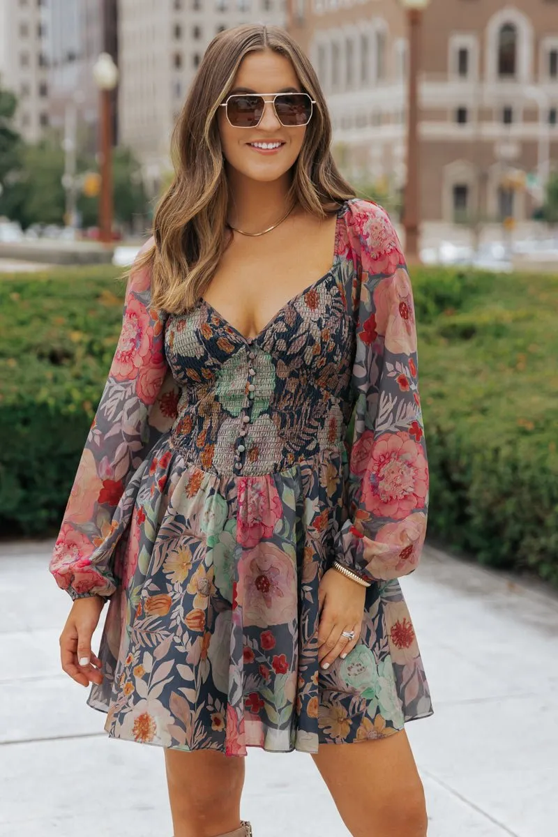 Navy Floral Print Mini Dress