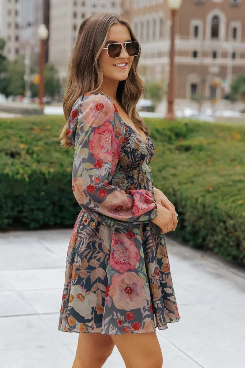 Navy Floral Print Mini Dress