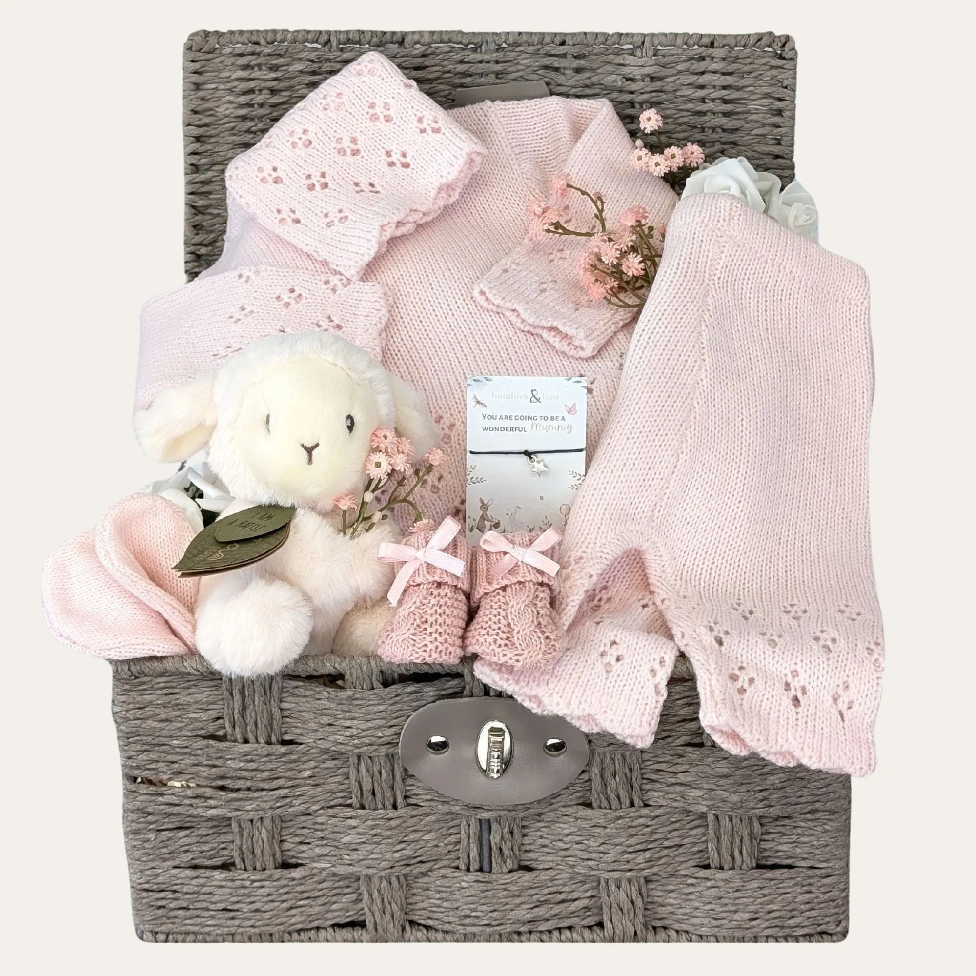 New Baby Girl Gift Basket, Luxury Lullaby Lamb & Pink Knit