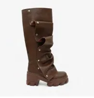 OH SNAP Brown Faux Leather Platform Boot - Snap Front Drape Panel - Knee High Boot