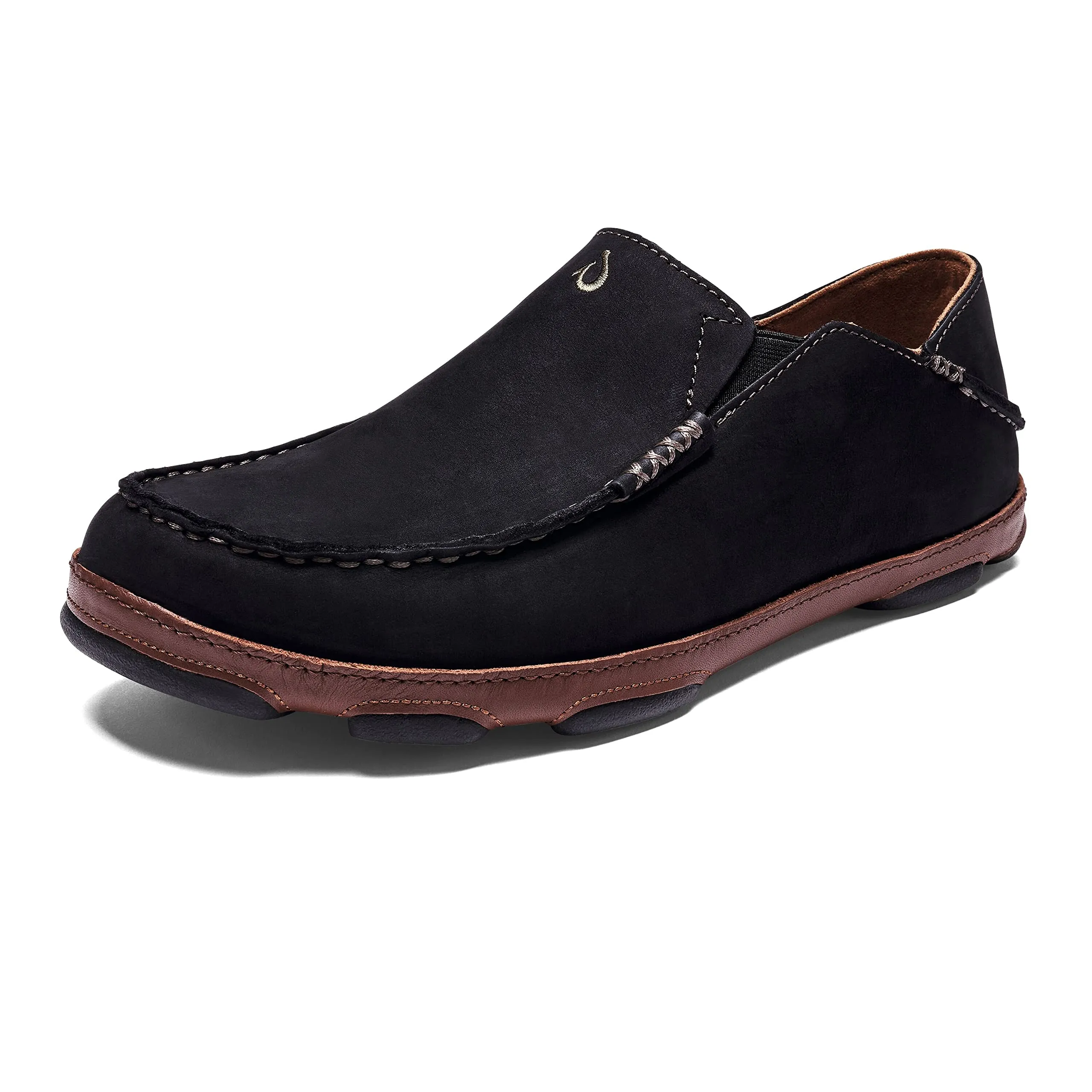 OLUKAI Moloa Men's Leather Slip On Shoes, Waxed Nubuck Leather , Black/Toffee