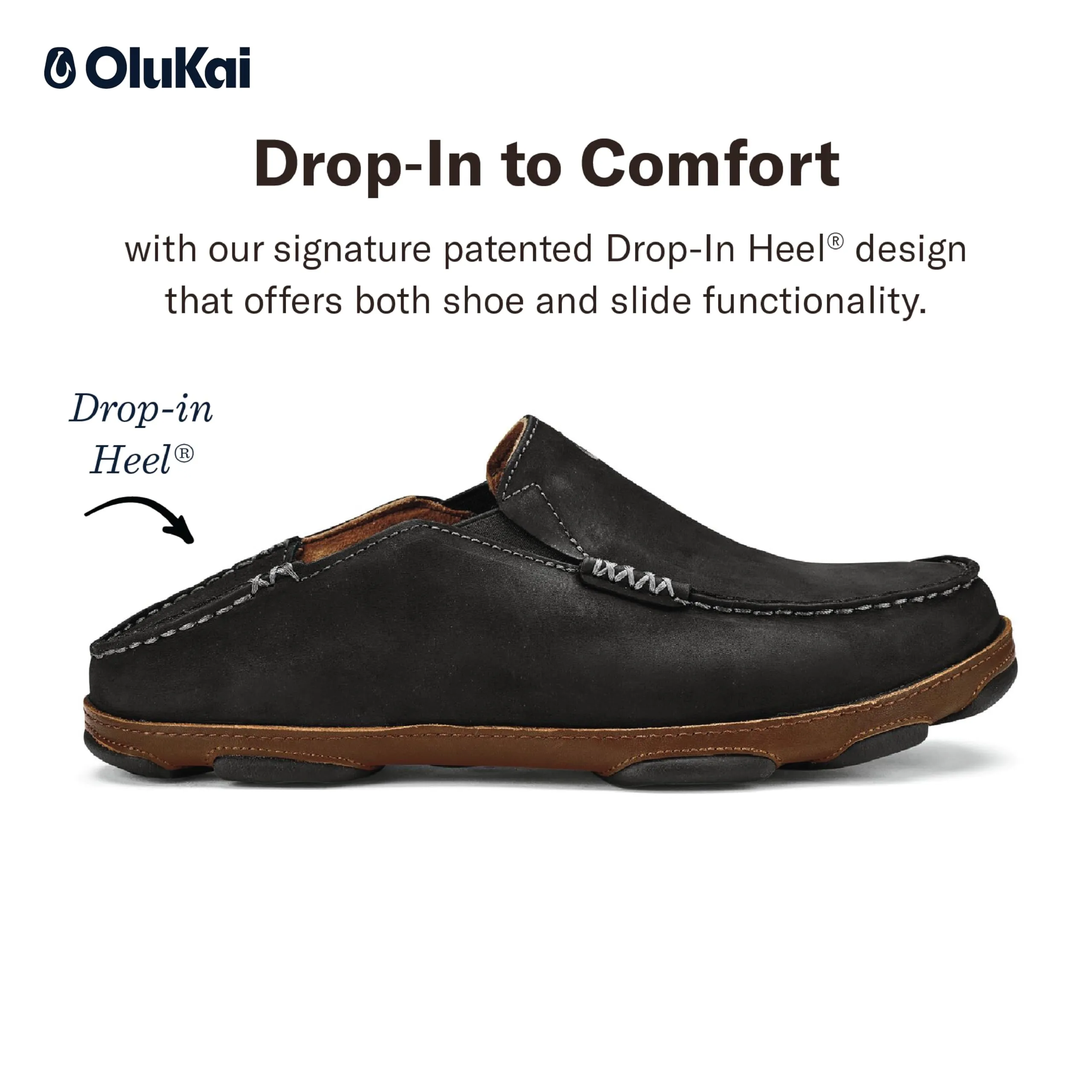 OLUKAI Moloa Men's Leather Slip On Shoes, Waxed Nubuck Leather , Black/Toffee