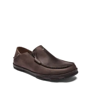 OLUKAI Moloa Men's Leather Slip On Shoes, Waxed Nubuck Leather , Dk Wood/Dk Java