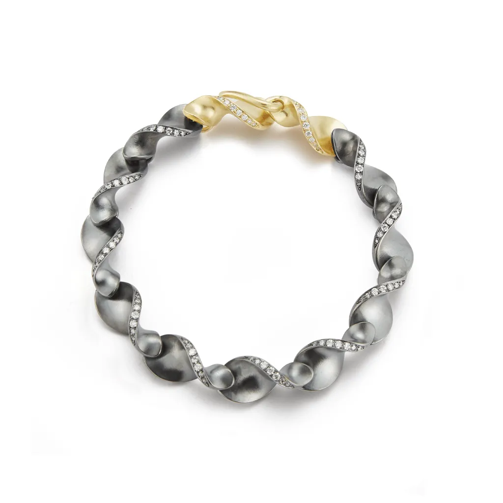 On The Edge Diamond and Oxidized Sterling Silver and Yellow Gold Bracelet