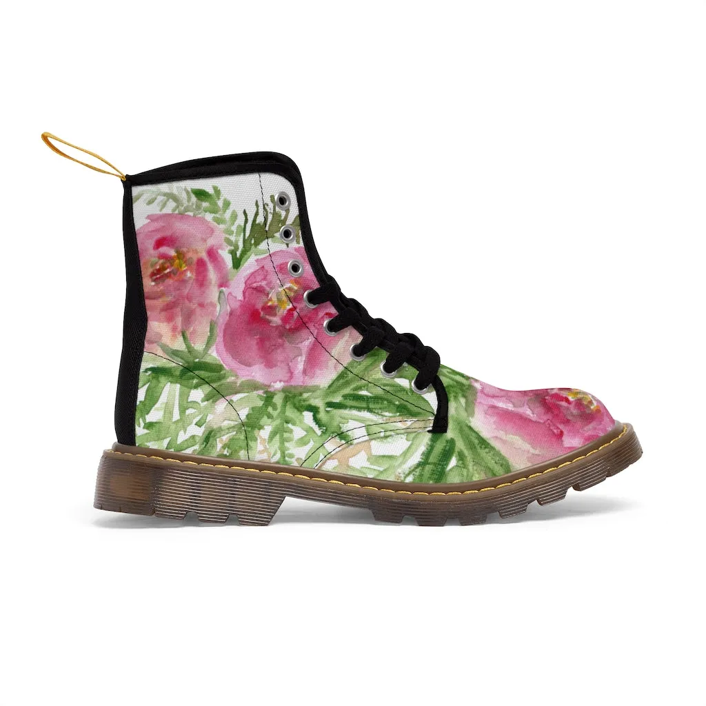 Pink Floral Rose Women's Boots, Feminine Girlie Flower Print Hiking Combat Lace-up Boots For Ladies