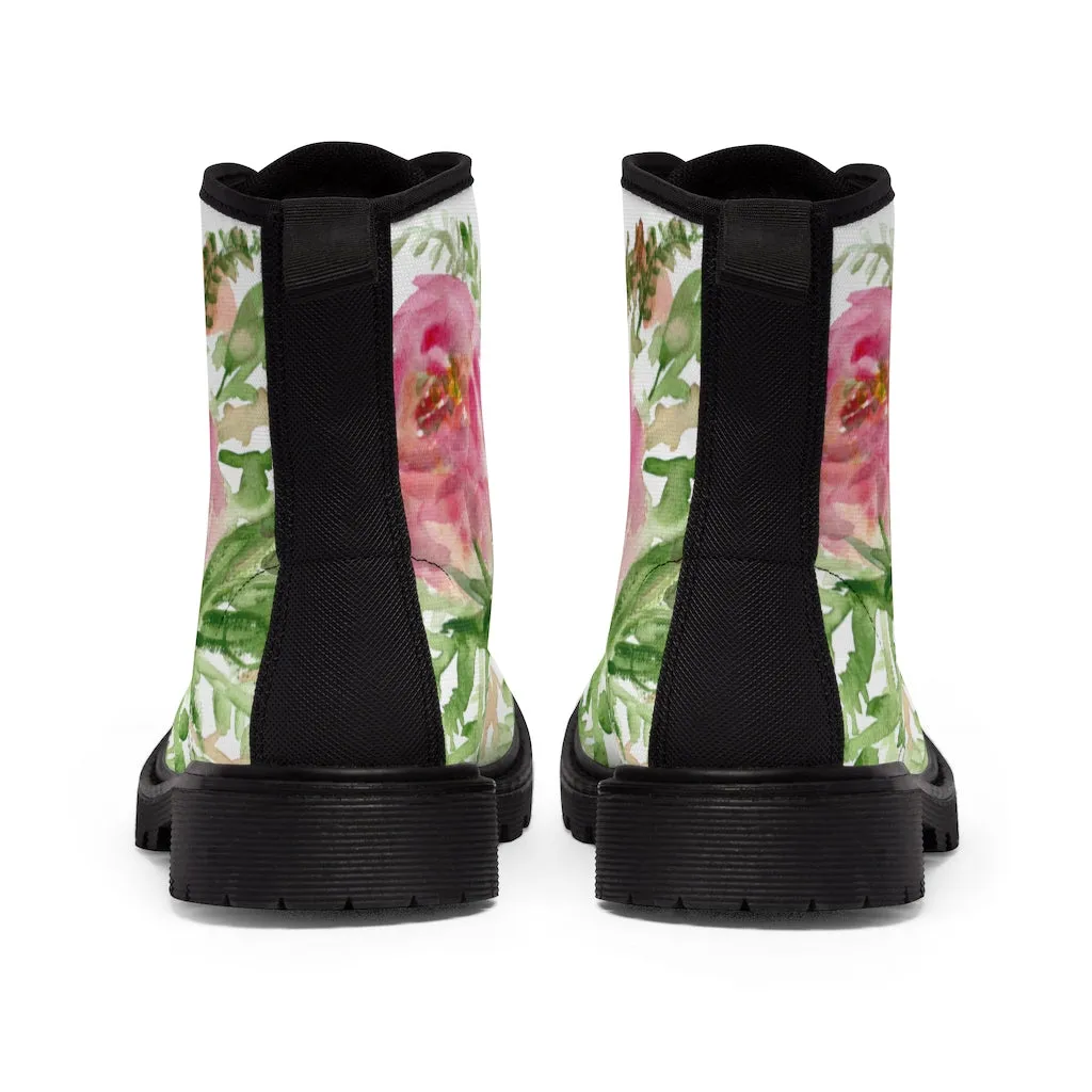 Pink Floral Rose Women's Boots, Feminine Girlie Flower Print Hiking Combat Lace-up Boots For Ladies