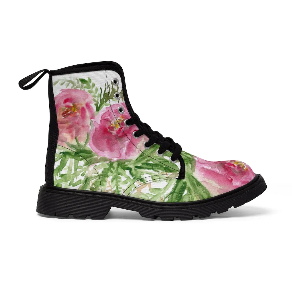 Pink Floral Rose Women's Boots, Feminine Girlie Flower Print Hiking Combat Lace-up Boots For Ladies