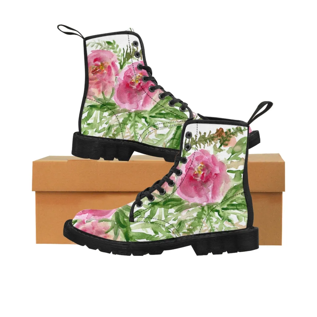 Pink Floral Rose Women's Boots, Feminine Girlie Flower Print Hiking Combat Lace-up Boots For Ladies