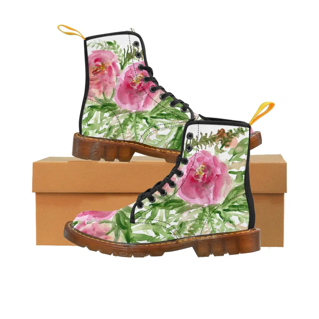 Pink Floral Rose Women's Boots, Feminine Girlie Flower Print Hiking Combat Lace-up Boots For Ladies