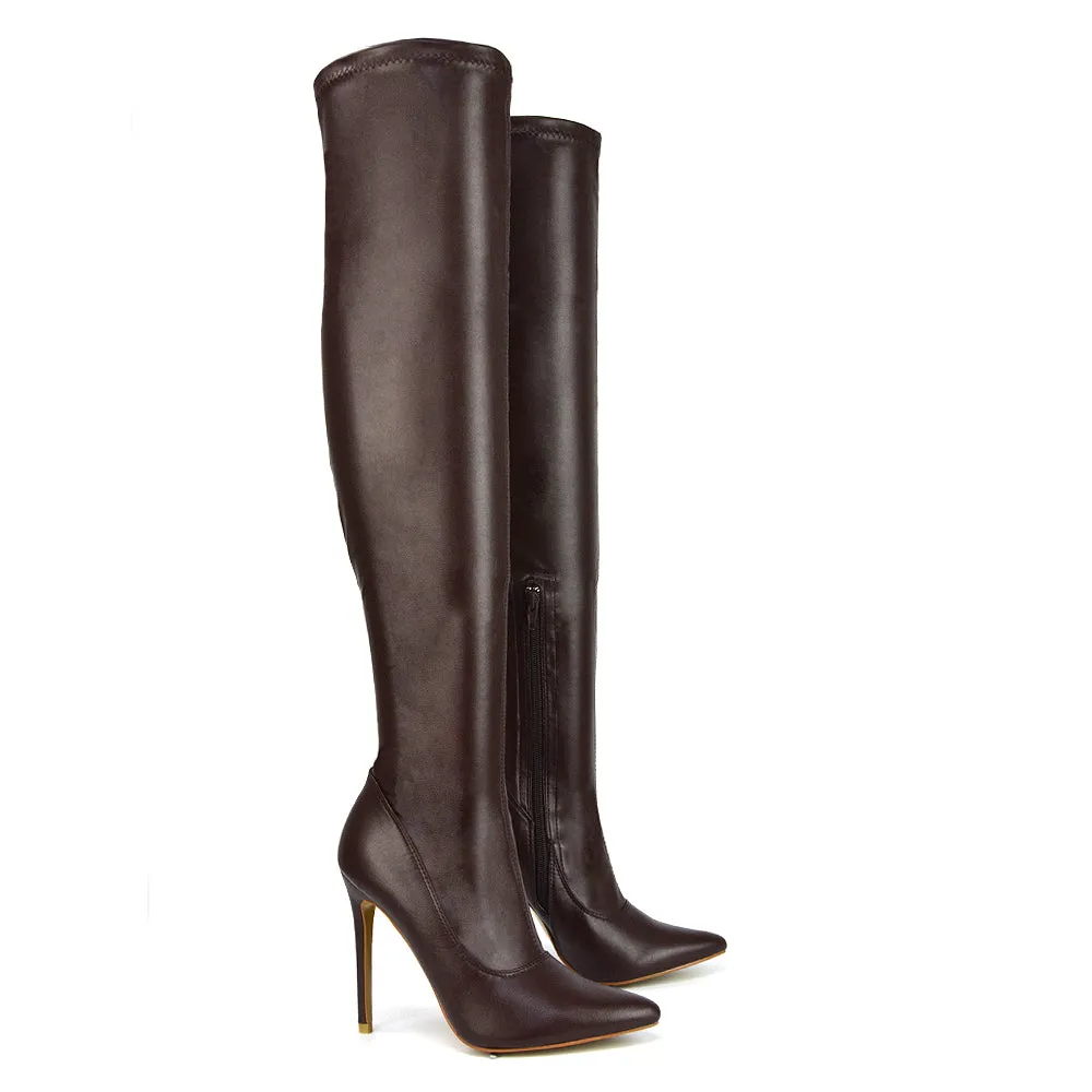 PIPER OVER THE KNEE ZIP UP THIGH HIGH STILETTO HEELED BOOTS IN BROWN SYNTHETIC LEATHER