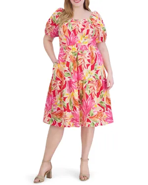 Plus-Size Printed Cotton Square-Neck Midi Dress