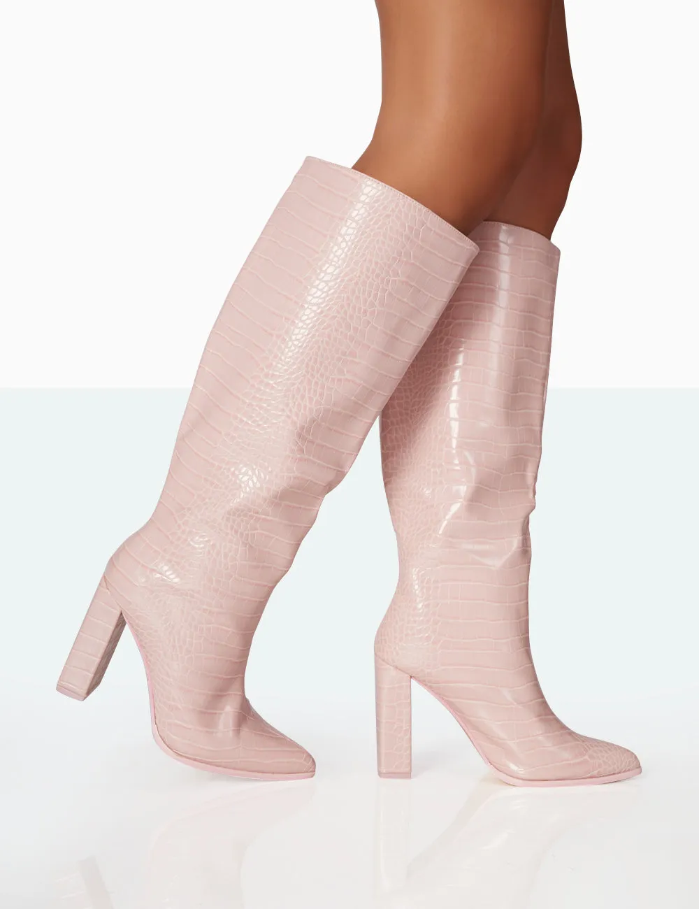 Posie Baby Pink Croc PU Knee high Block Heel Boots