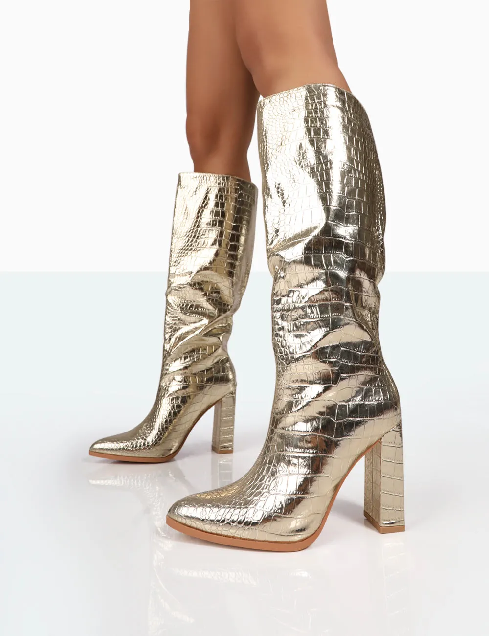 Posie Gold Croc Pu Knee High Block Heel Boots