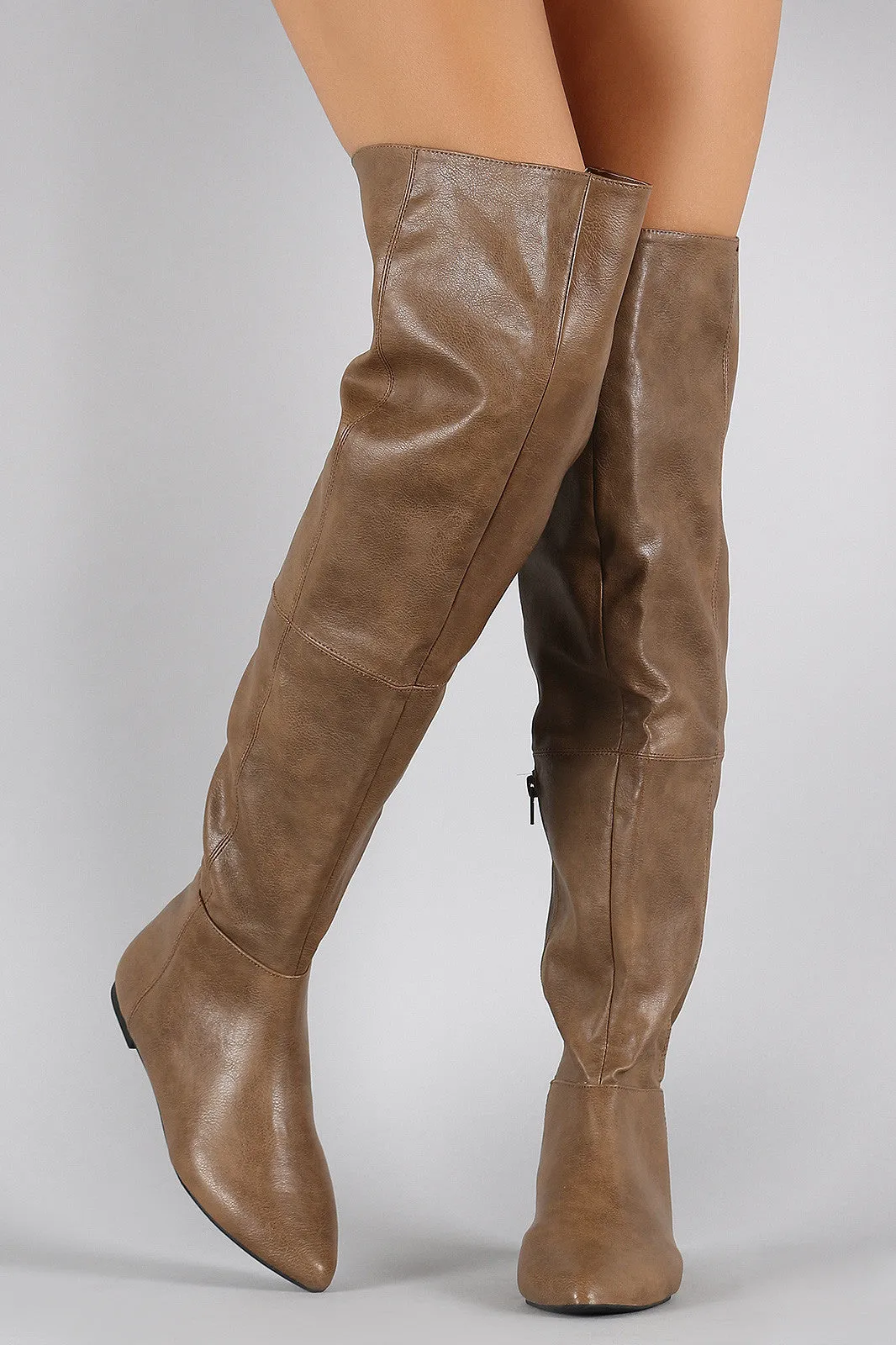 Qupid Patched Pointy Toe Over-The-Knee Flat Boots