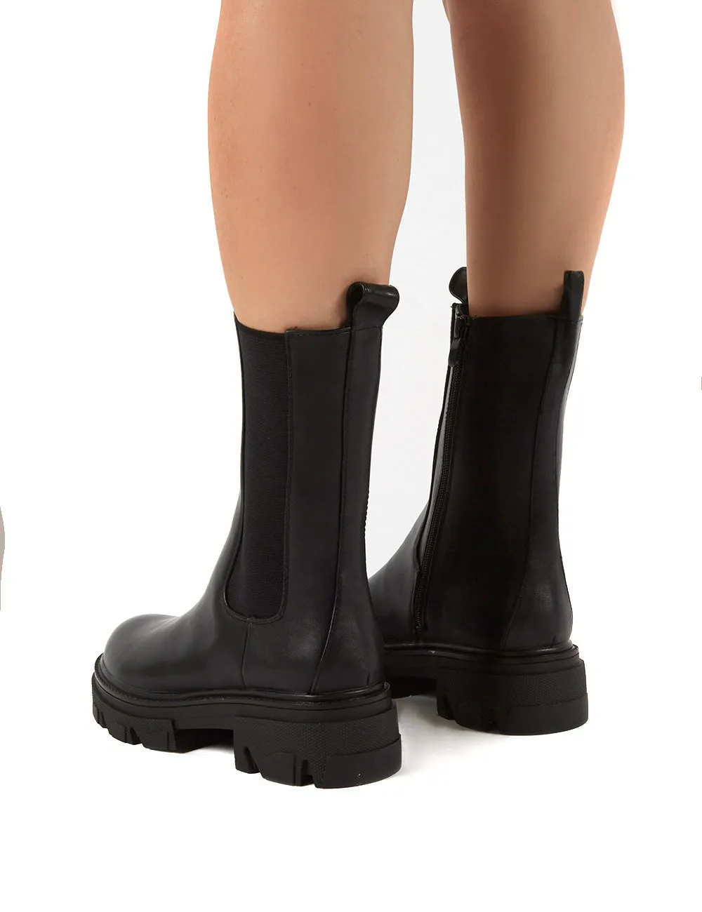 Recess Black PU Chunky Sole Calf High Boots