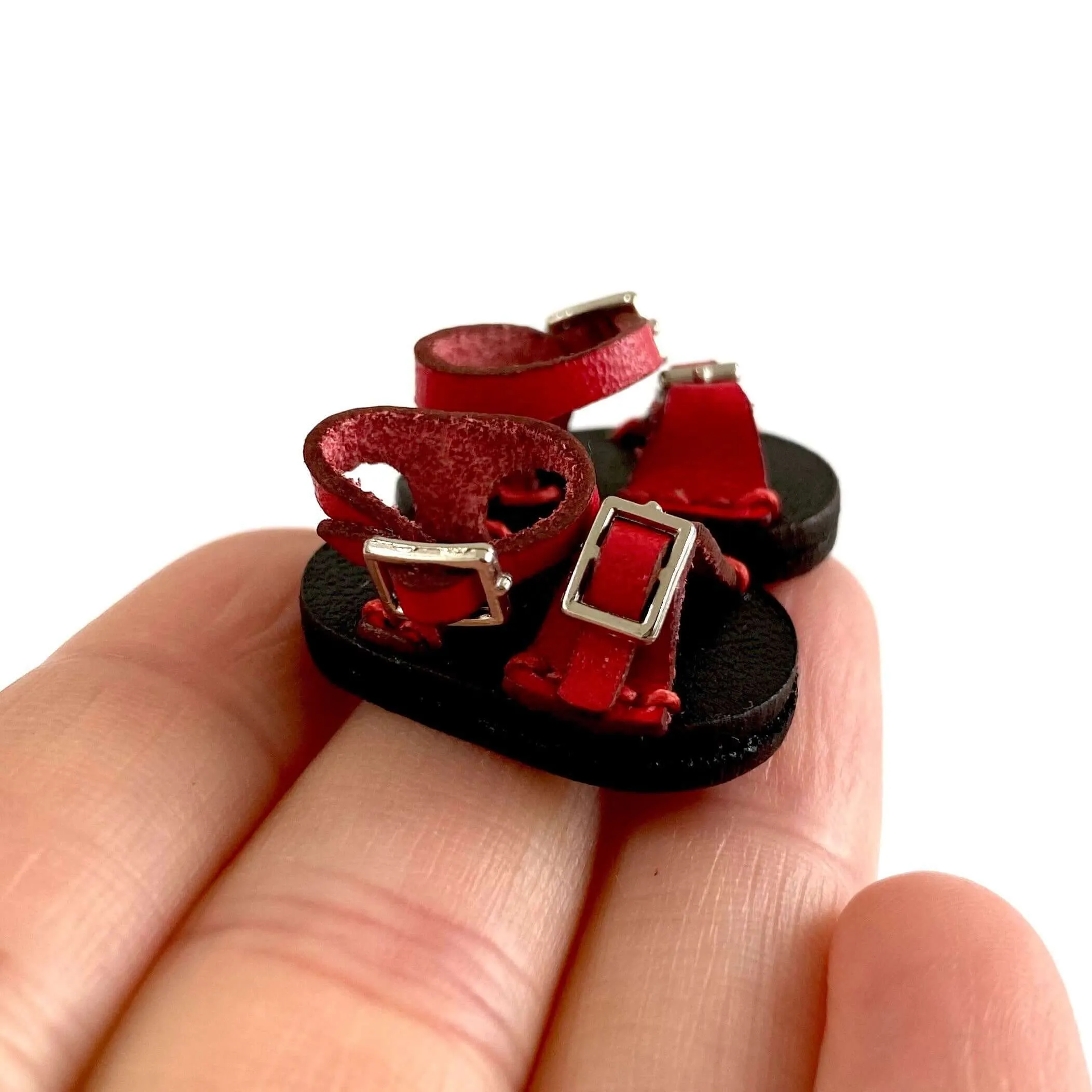 Red leather doll sandals OB11 doll shoes 1/12 shoes