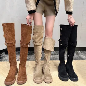 Retro Two-Way Flip Thick Bottom Knee-High Boots Autumn and Winter New Suede Boots Chunky Heel over-the-Knee Boots Knight Boots