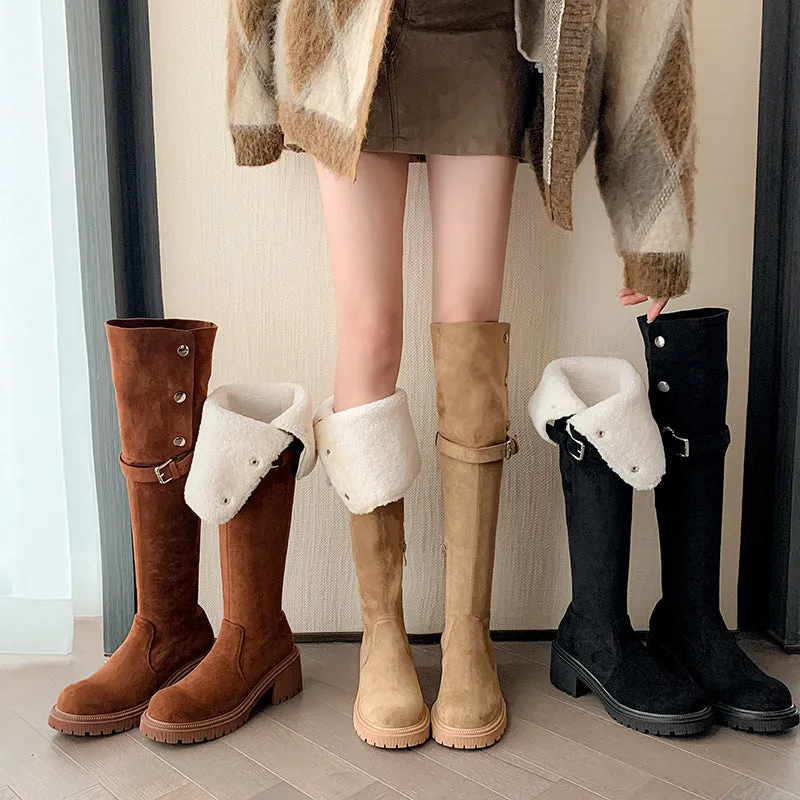 Retro Two-Way Flip Thick Bottom Knee-High Boots Autumn and Winter New Suede Boots Chunky Heel over-the-Knee Boots Knight Boots