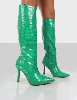 Rosalie Wide Fit Green Croc Heeled Pointed Toe Knee High Boots