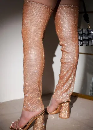 Rose Gold Women Rhinestone Fishnet Strappy Heeled Sandals