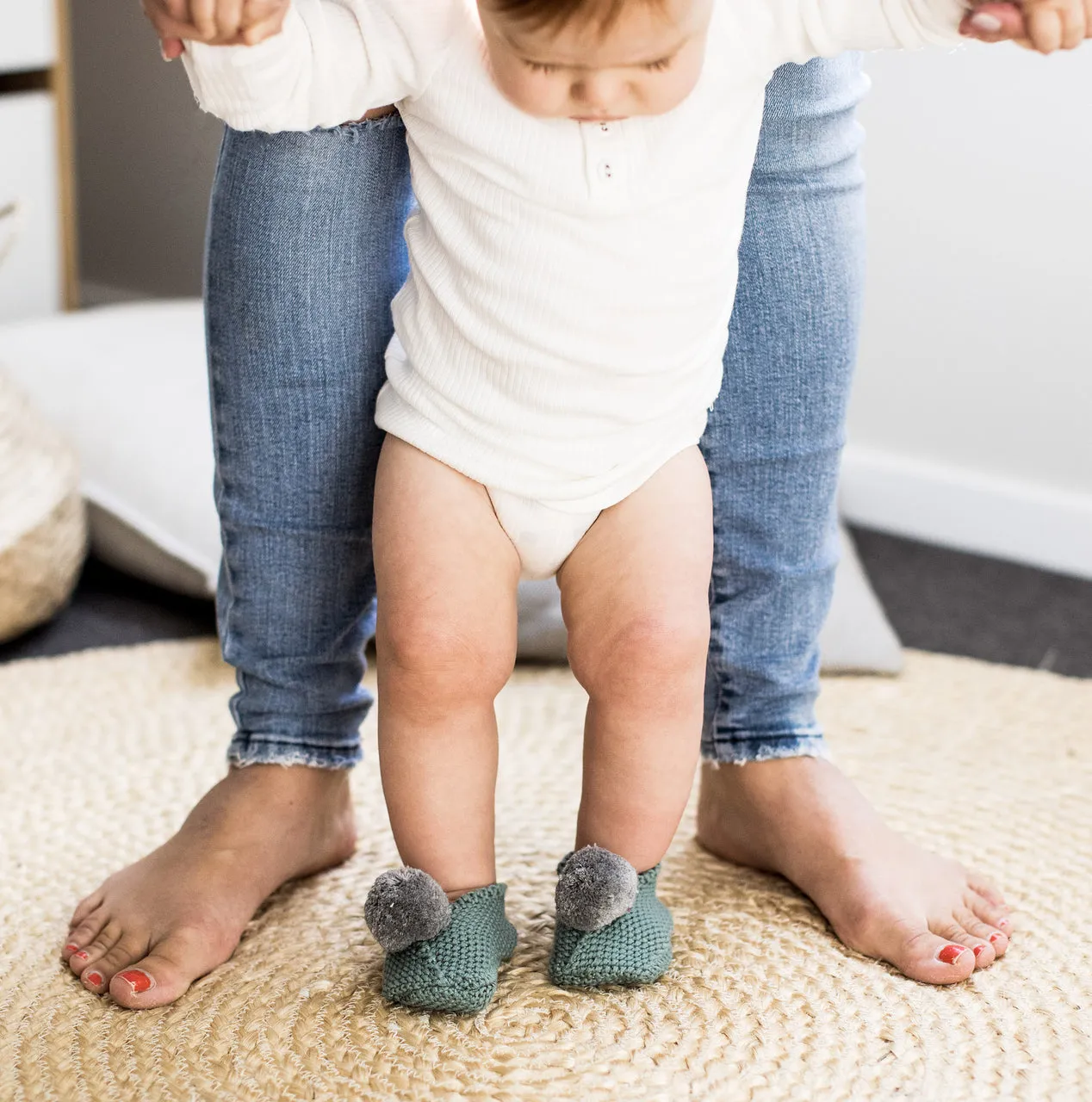 Sage Green & Grey Cotton Pom Pom Baby Booties Slippers