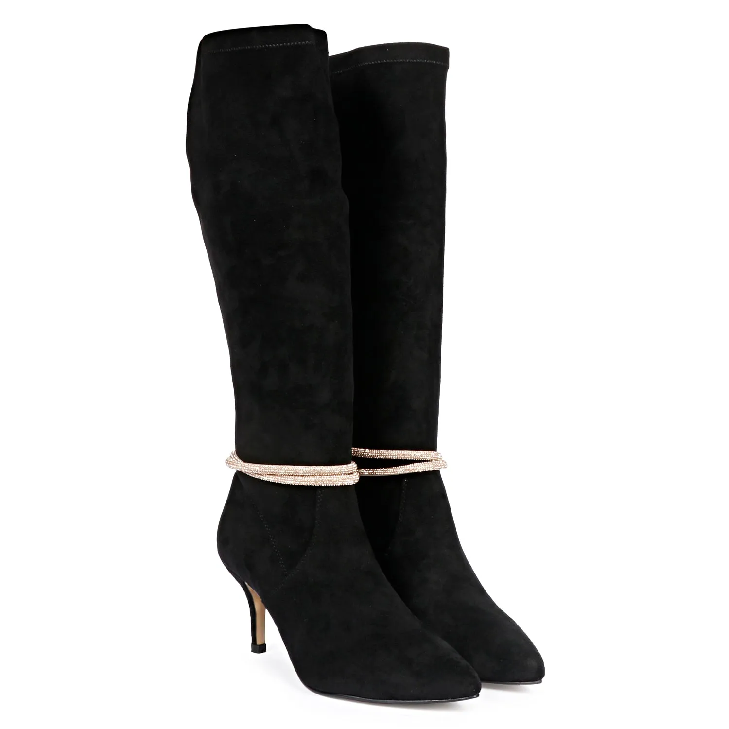 Saint Lumina Golden Cord String Black Stretch Suede Long Boots