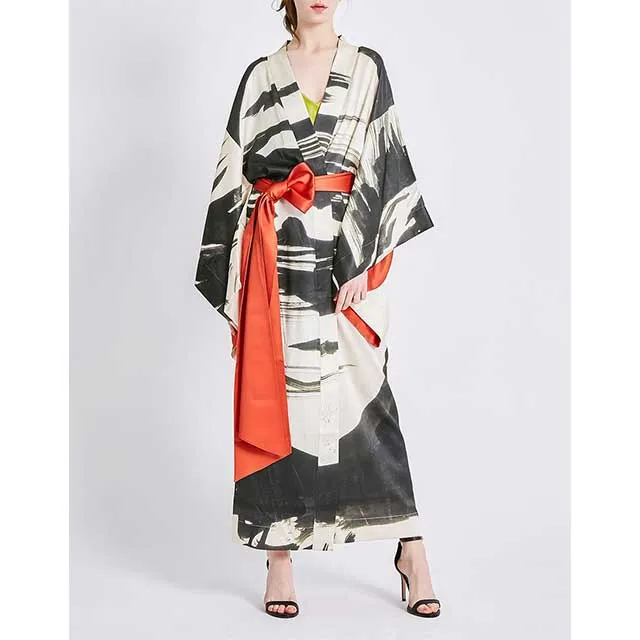 Satin Printed Kimono Dress