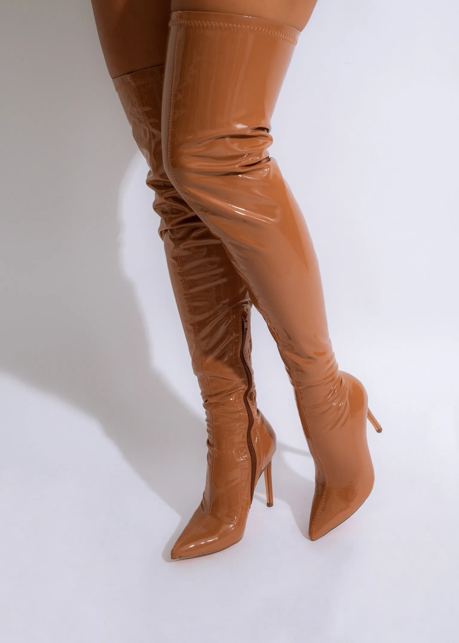 Savage Latex Knee High Boots Brown