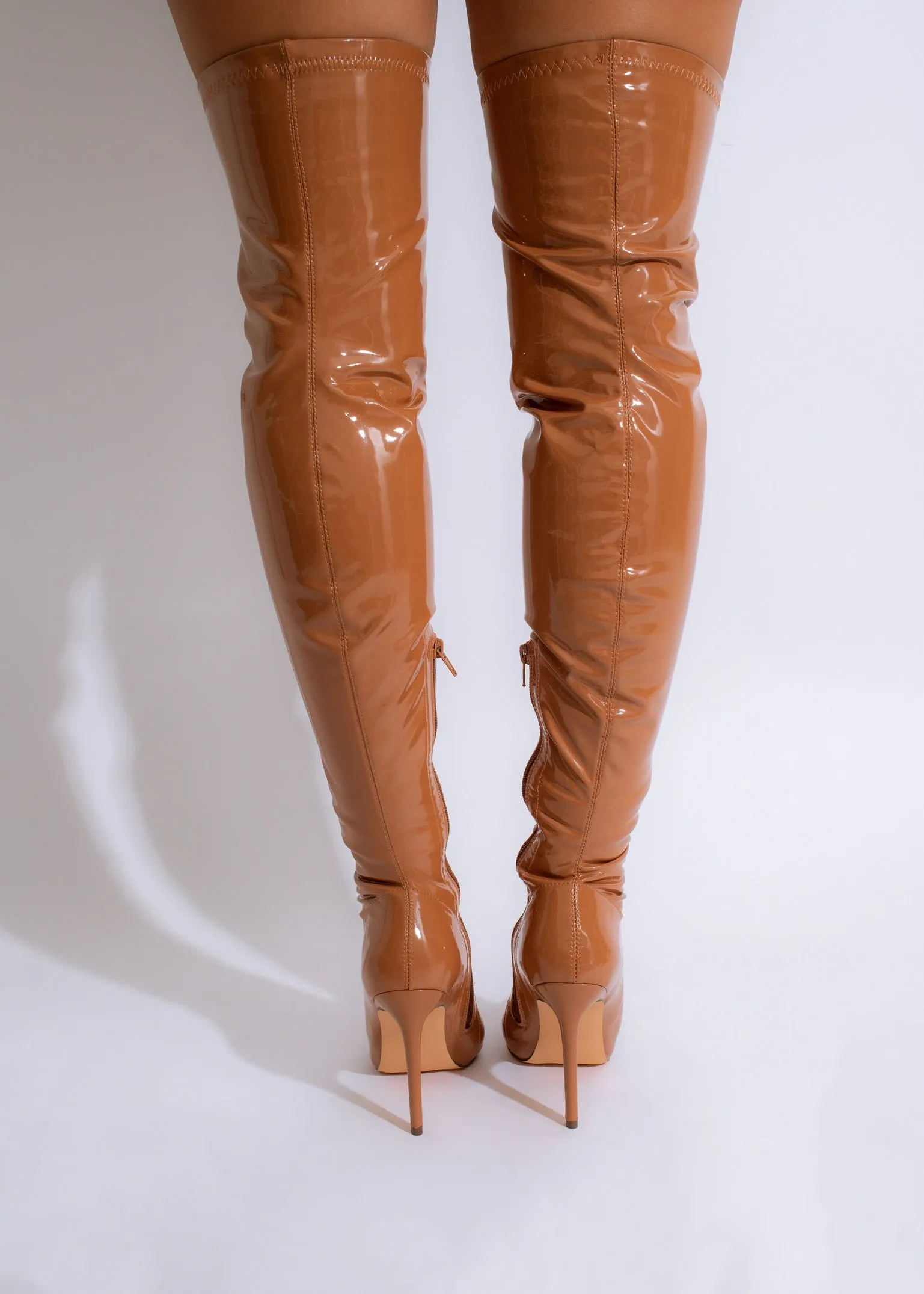 Savage Latex Knee High Boots Brown