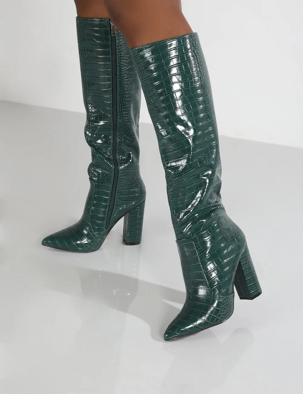 Scarlet Green Croc Knee High Boots