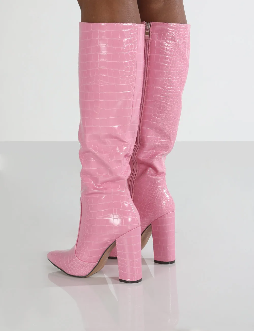 Scarlet Pink Croc Knee High Boots