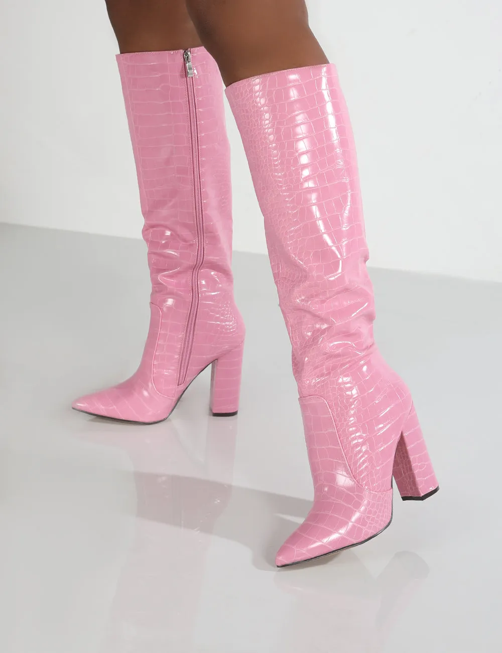 Scarlet Pink Croc Knee High Boots