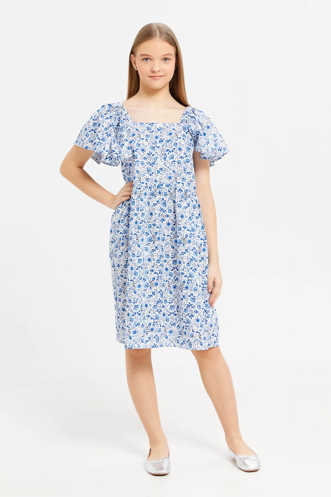 Senior Girls Blue Floral Printed Dress