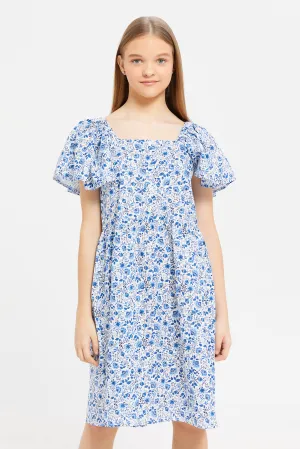 Senior Girls Blue Floral Printed Dress