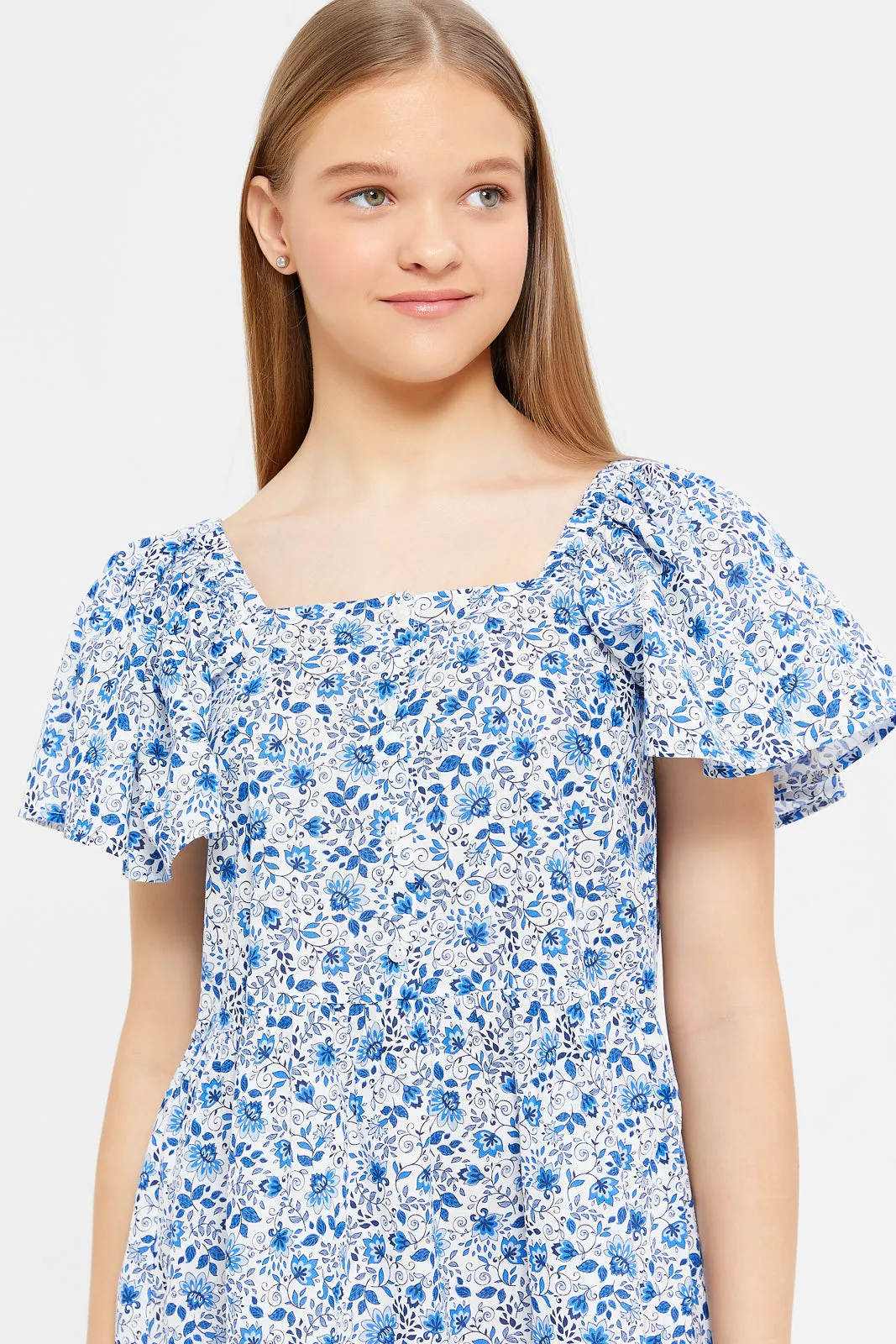 Senior Girls Blue Floral Printed Dress