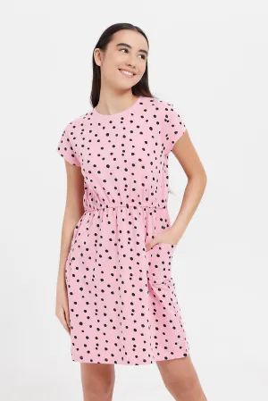 Senior Girls Pink And White Floral Knitted Dress