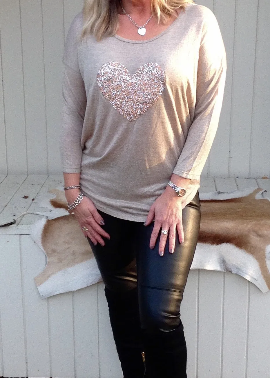 Sequin Heart T Shirt Top in Champagne Made In Italy By Feathers Of Italy One Size