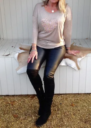 Sequin Heart T Shirt Top in Champagne Made In Italy By Feathers Of Italy One Size